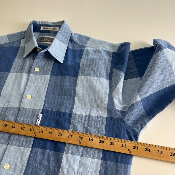 vtg LEVI'S Silvertab 90s Baby Blue Check Textured Button Down Shirt Mens Medium - Picture 5 of 8